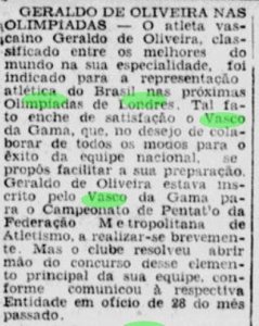 Matéria falando da satisfação do Vasco em ter Geraldo de Oliveira nos Jogos Olímpicos de 1948 (Foto: Jornal dos Sports)