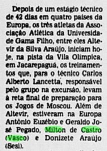 Reportagem falando sobre a preparação dos atletas brasileiros na Europa para os Jogos Olímpicos de Moscou (Jornal do Brasil)