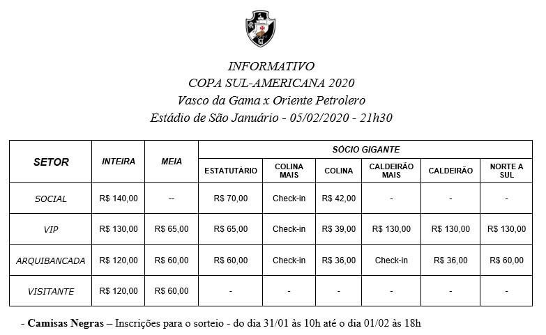 Informações sobre ingressos para Vasco x Oriente Petrolero