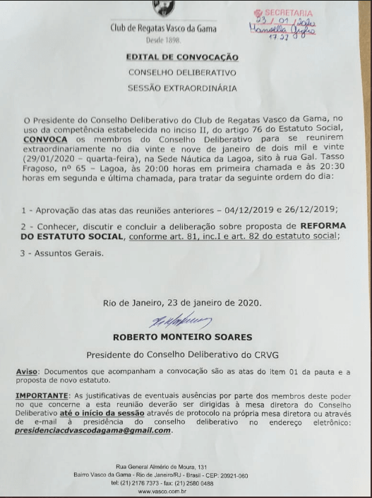 Roberto Monteiro convoca reunião extraordinária para discutir a proposta de reforma do estatuto