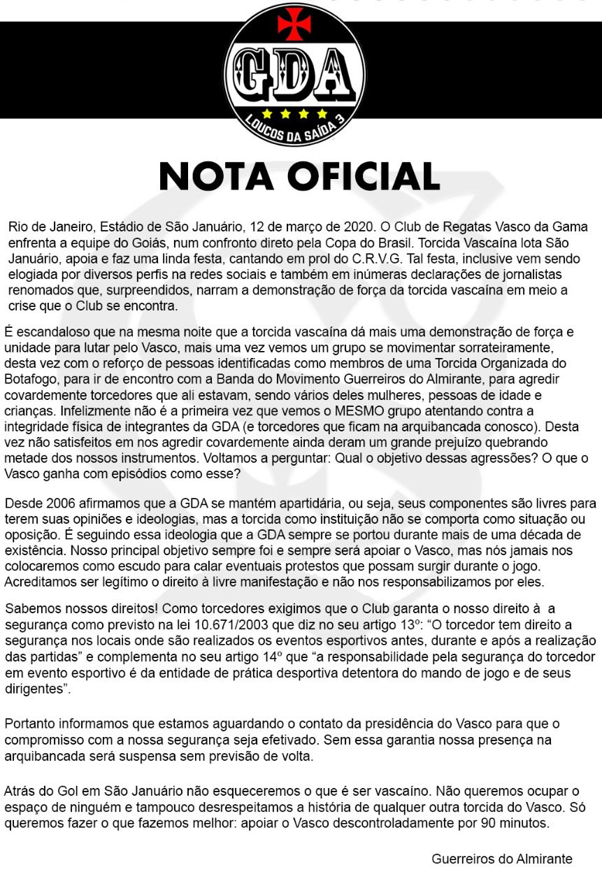 Guerreiros do Almirante afirma que teve metade de seus instrumentos destruídos no jogo Vasco x Goiás