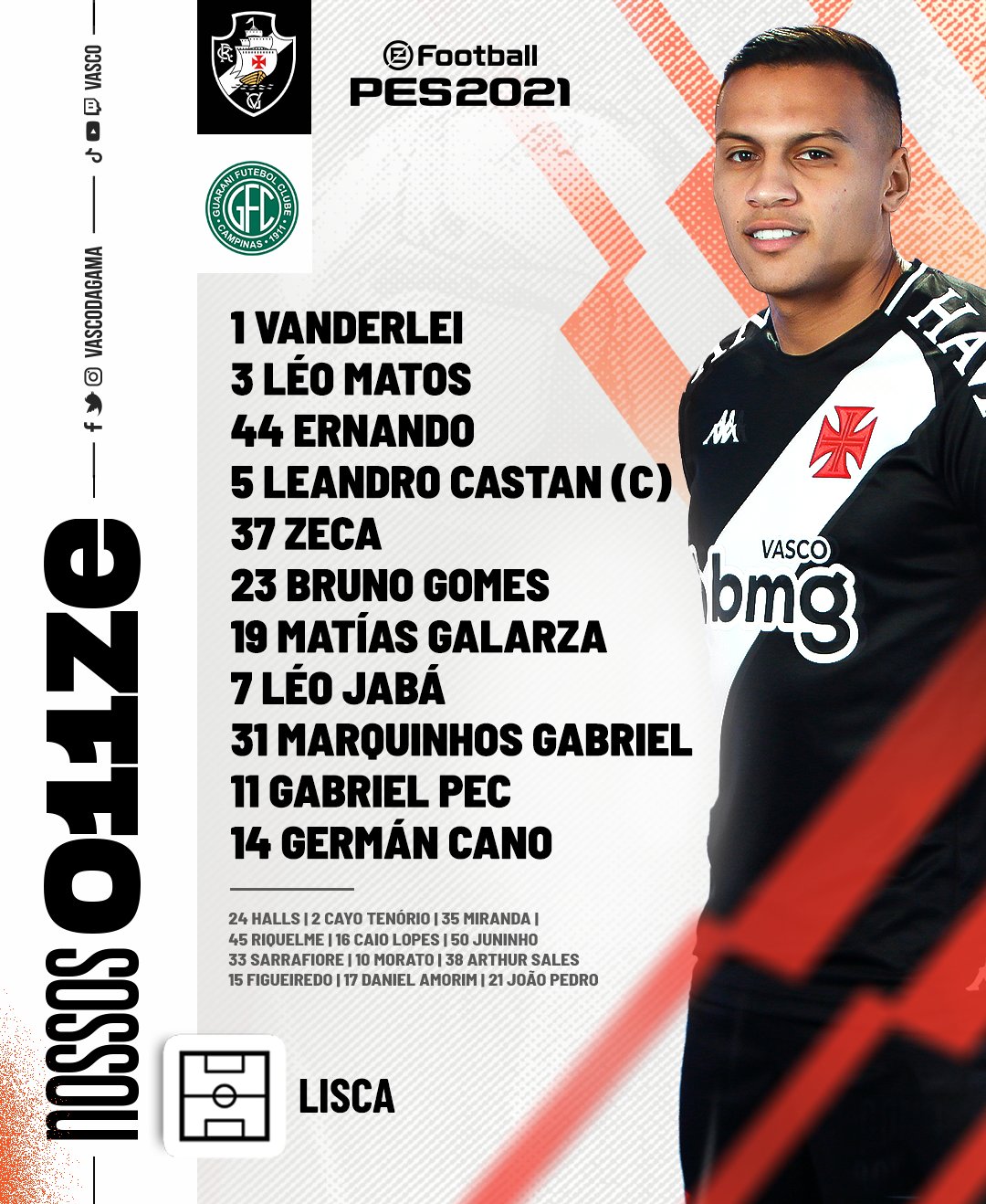 Confira a escalação do Vasco para a partida contra o Guarani