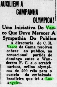 Jornal dos Sports (RJ) mostrando a campanha do Vasco para arrecadar dinheiros aos atletas que participariam das olímpiadas