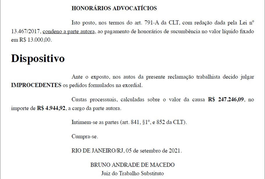 Trecho da decisão proferida pela justiça