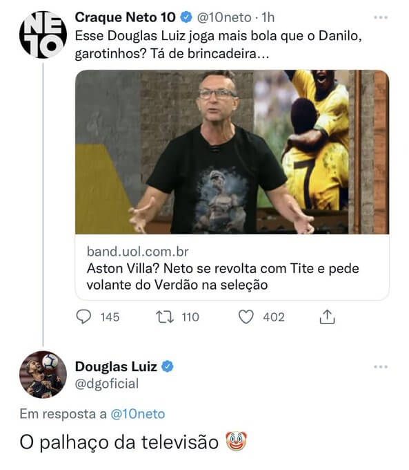 Neto critica convocação de Douglas Luiz e volante ironiza: “O palhaço da televisão”