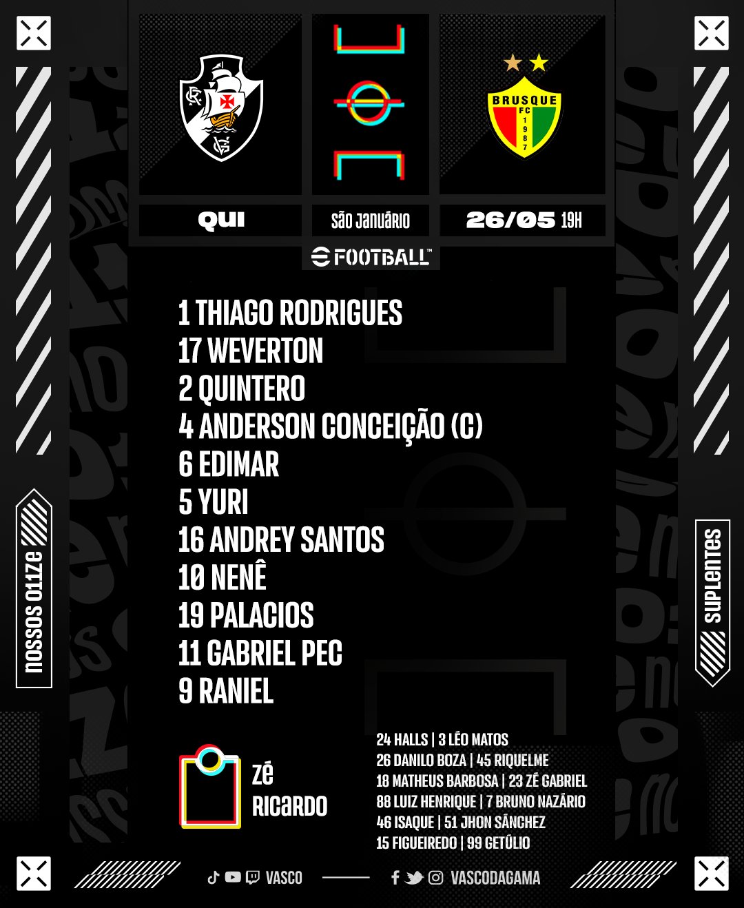 Confira a escalação oficial do Vasco para o jogo contra o Brusque