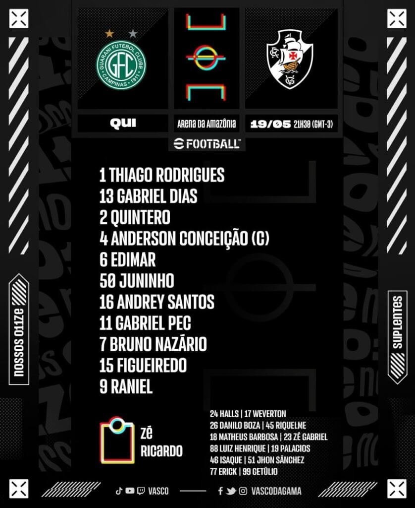 Confira a escalação oficial do Vasco para o jogo contra o Guarani