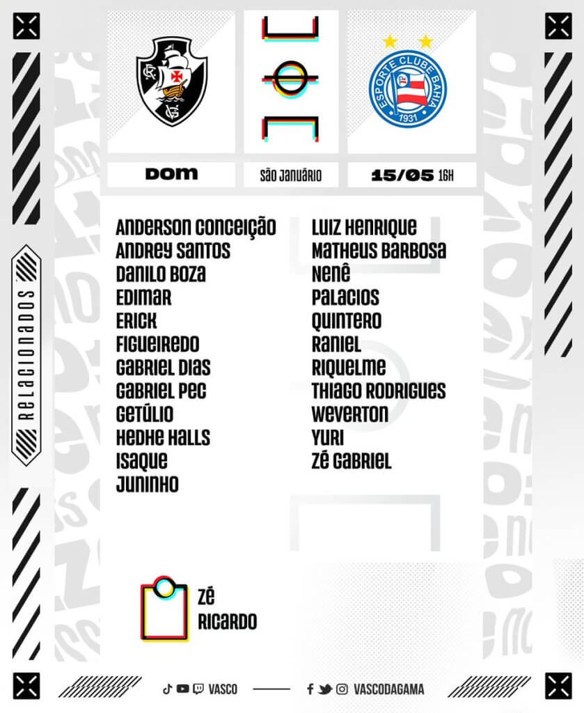 Confira os relacionados do Vasco para o jogo contra o Bahia