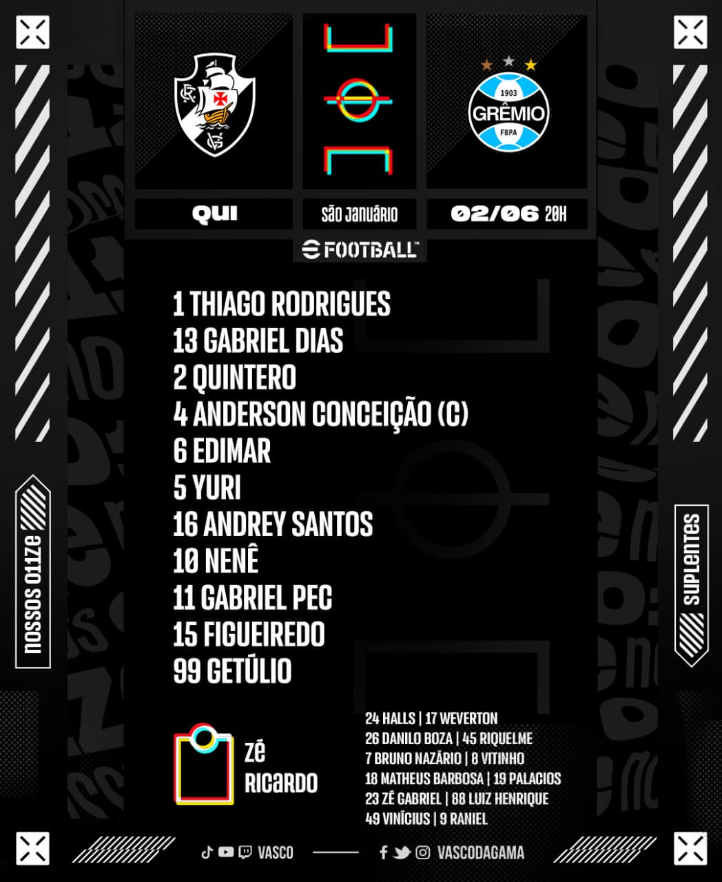 Confira a escalação oficial do Vasco para o jogo contra o Grêmio